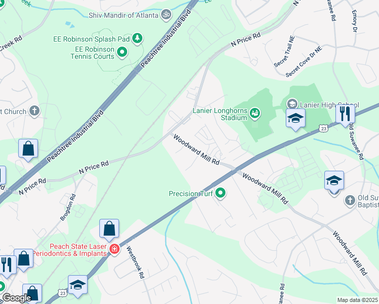 map of restaurants, bars, coffee shops, grocery stores, and more near 4400 Woodward Mill Road in Sugar Hill