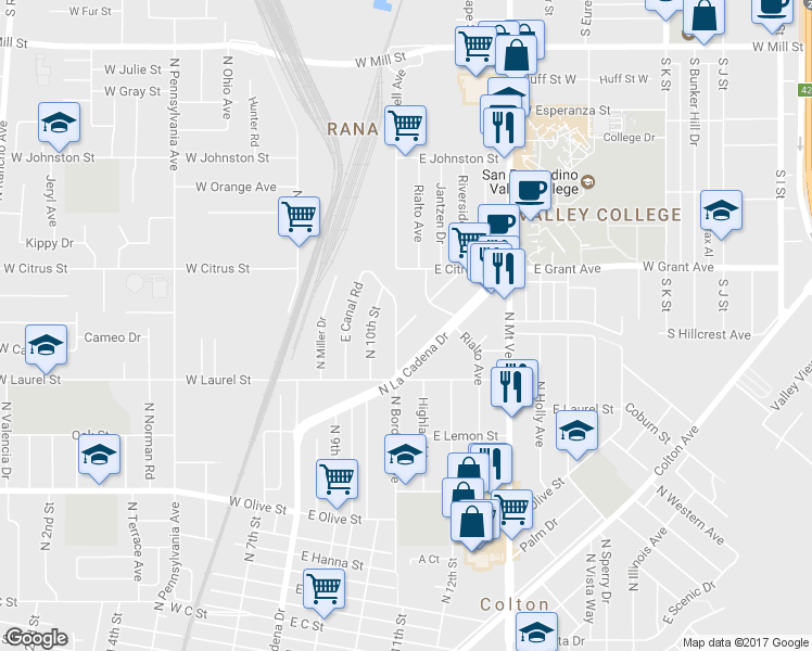 map of restaurants, bars, coffee shops, grocery stores, and more near 440 East Riverside Avenue in Colton
