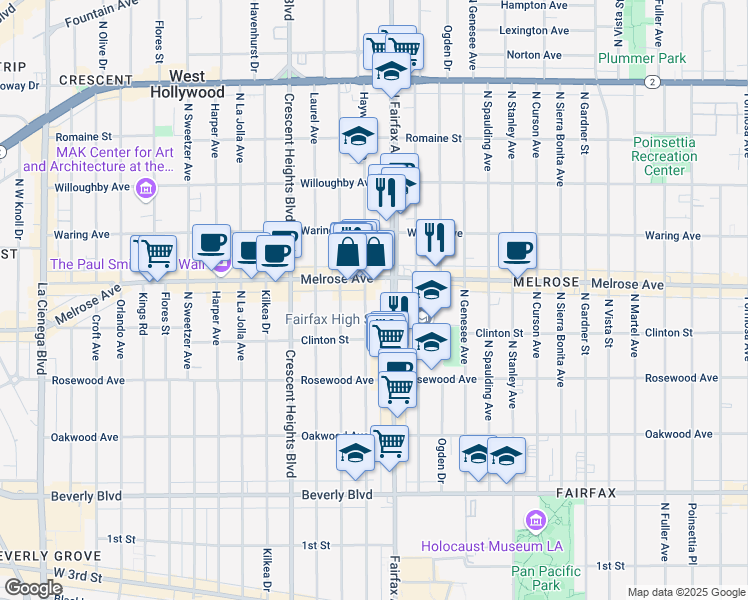 map of restaurants, bars, coffee shops, grocery stores, and more near 647 North Fairfax Avenue in Los Angeles