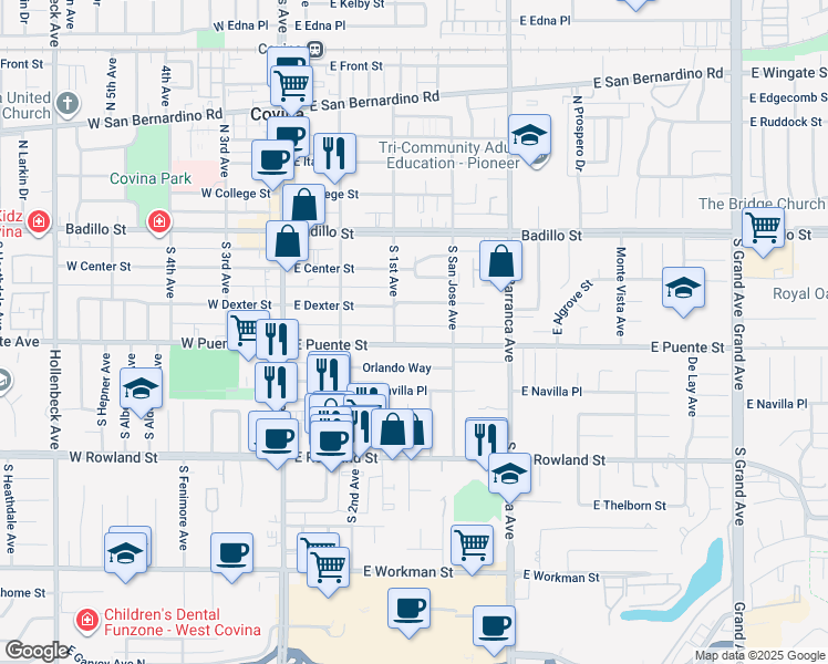 map of restaurants, bars, coffee shops, grocery stores, and more near 331 East Puente Street in Covina