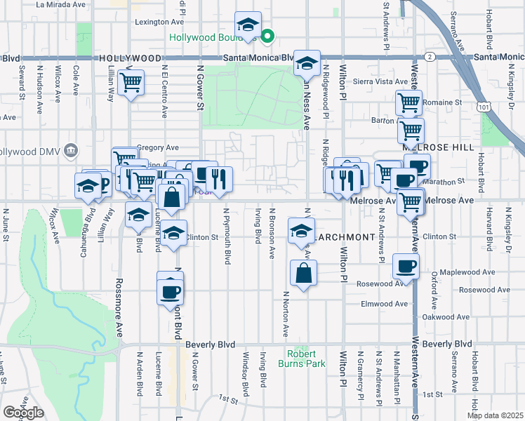 map of restaurants, bars, coffee shops, grocery stores, and more near 646 North Irving Boulevard in Los Angeles