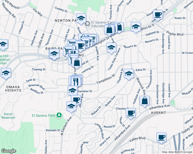 map of restaurants, bars, coffee shops, grocery stores, and more near 2 El Sereno Avenue in Los Angeles