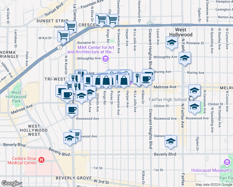 map of restaurants, bars, coffee shops, grocery stores, and more near 633 North Sweetzer Avenue in West Hollywood