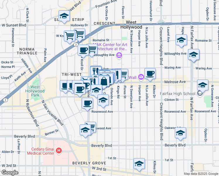map of restaurants, bars, coffee shops, grocery stores, and more near 8428 Melrose Avenue in West Hollywood