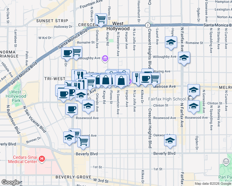 map of restaurants, bars, coffee shops, grocery stores, and more near 633 North Sweetzer Avenue in West Hollywood