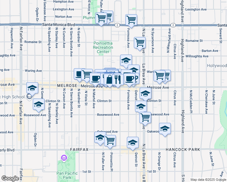 map of restaurants, bars, coffee shops, grocery stores, and more near 638 North Poinsettia Place in Los Angeles