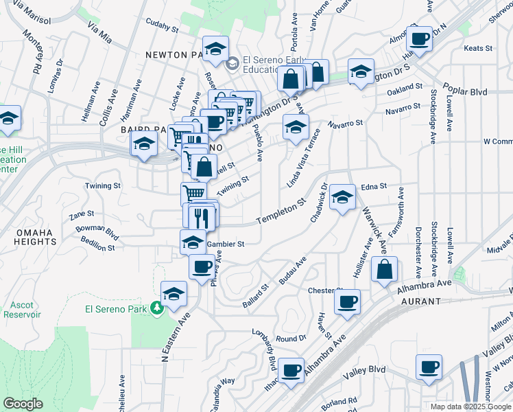 map of restaurants, bars, coffee shops, grocery stores, and more near 3225 Pueblo Avenue in Los Angeles