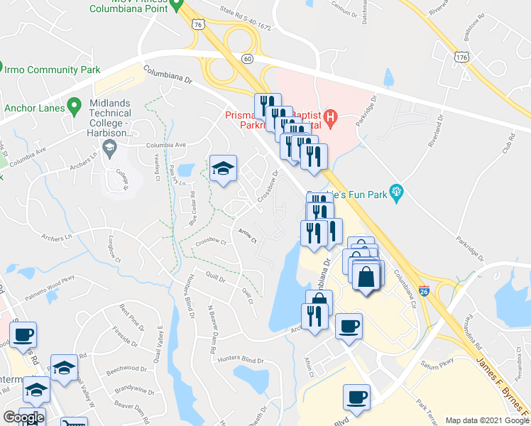 map of restaurants, bars, coffee shops, grocery stores, and more near 21 Crossbow Place in Columbia