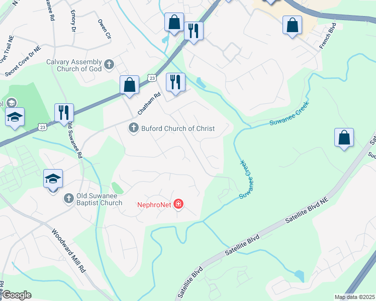 map of restaurants, bars, coffee shops, grocery stores, and more near 4149 Chatham View Drive in Buford