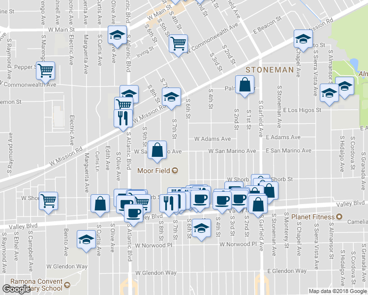 map of restaurants, bars, coffee shops, grocery stores, and more near 833 South 6th Street in Alhambra