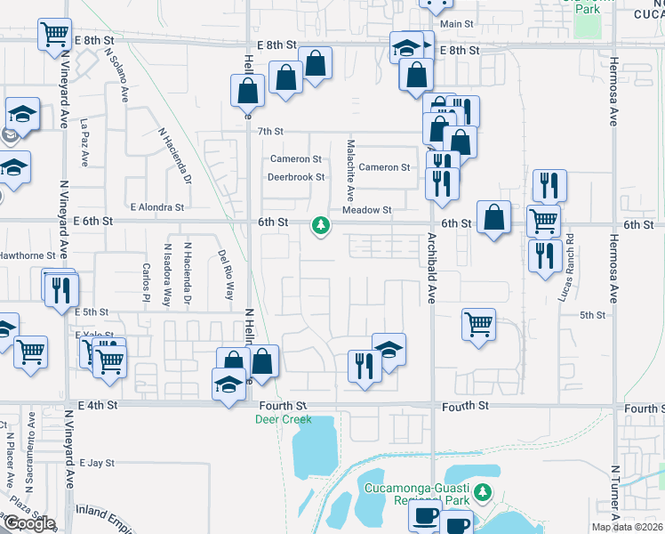 map of restaurants, bars, coffee shops, grocery stores, and more near 9473 Poppyfield Court in Rancho Cucamonga