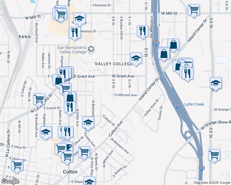 map of restaurants, bars, coffee shops, grocery stores, and more near 891 South K Street in San Bernardino