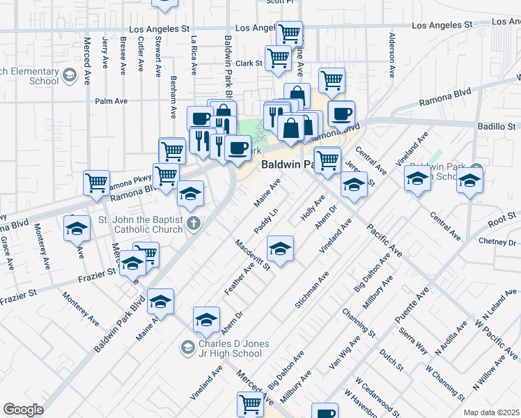 map of restaurants, bars, coffee shops, grocery stores, and more near 3872 Maine Avenue in Baldwin Park