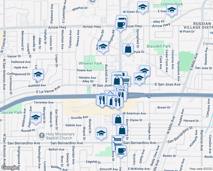 map of restaurants, bars, coffee shops, grocery stores, and more near West San Jose Avenue in Claremont
