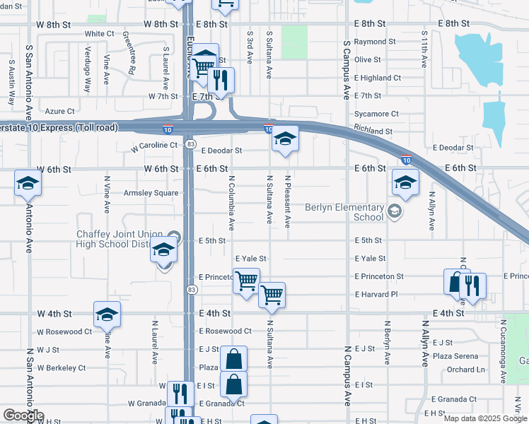 map of restaurants, bars, coffee shops, grocery stores, and more near 1351 North Sultana Avenue in Ontario