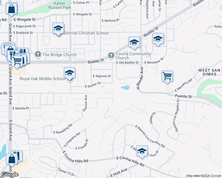 map of restaurants, bars, coffee shops, grocery stores, and more near 1557 East Puente Street in Covina