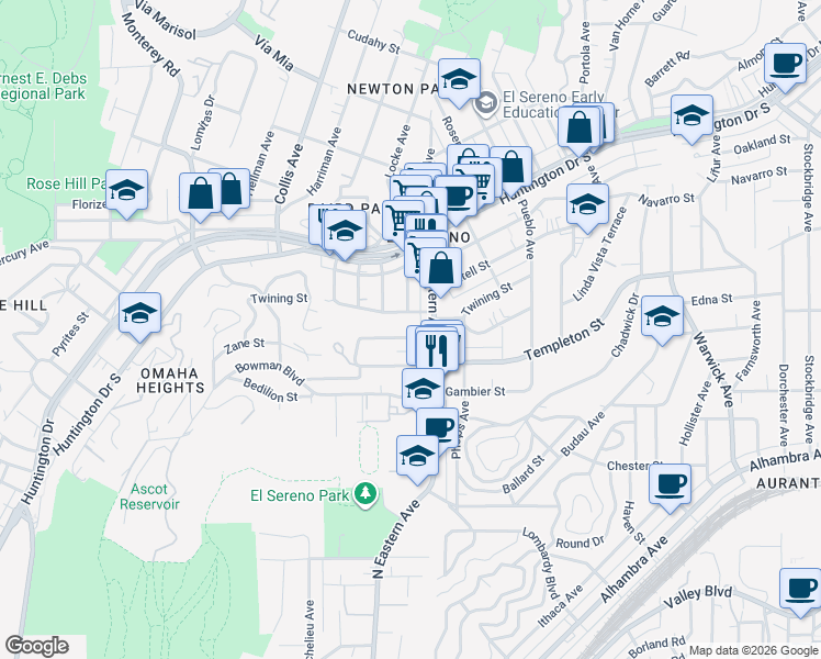 map of restaurants, bars, coffee shops, grocery stores, and more near 4841 Converse Street in Los Angeles