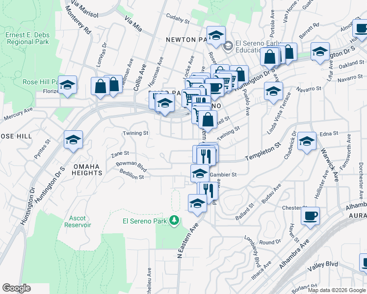 map of restaurants, bars, coffee shops, grocery stores, and more near 4819 Converse Street in Los Angeles