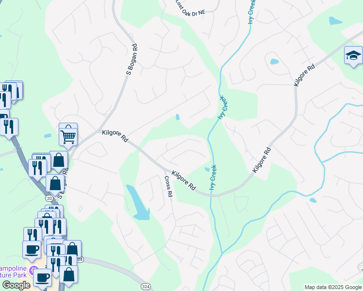map of restaurants, bars, coffee shops, grocery stores, and more near 2319 White Alder Drive Northeast in Buford