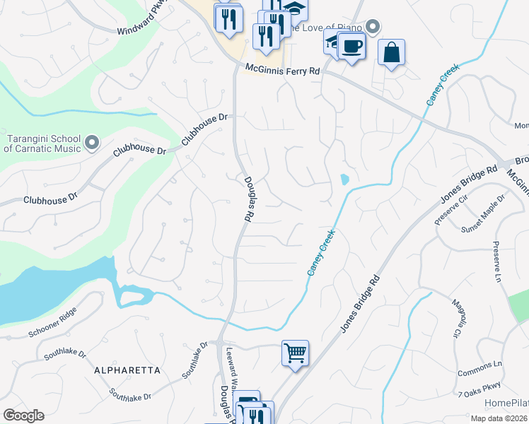 map of restaurants, bars, coffee shops, grocery stores, and more near 515 Huntington Downs in Alpharetta
