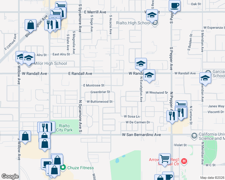map of restaurants, bars, coffee shops, grocery stores, and more near 1991 West Greenbriar Street in Colton
