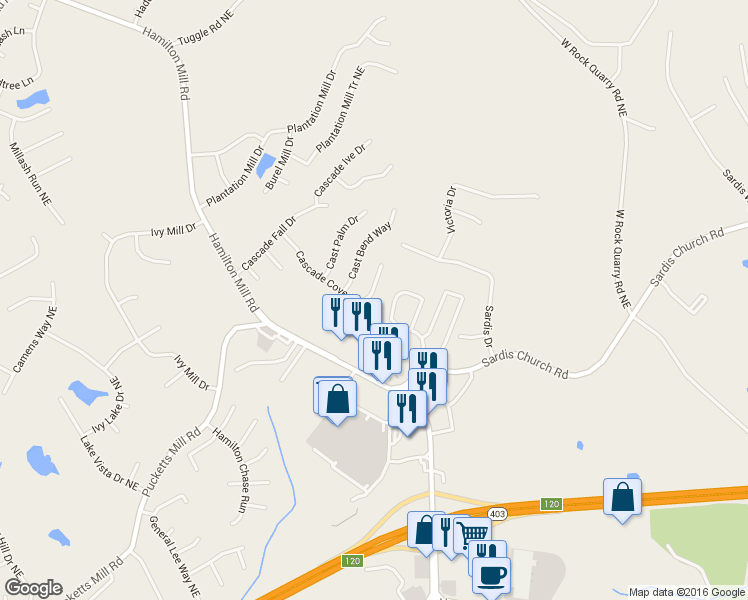 map of restaurants, bars, coffee shops, grocery stores, and more near 2508 Cascade Cove Drive in Buford