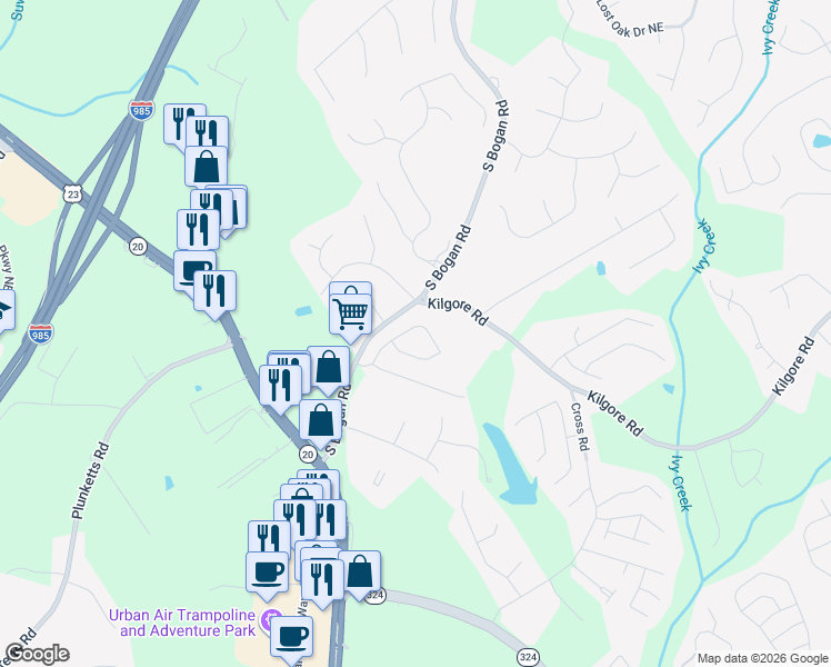 map of restaurants, bars, coffee shops, grocery stores, and more near 2065 Harvest Ridge Circle Northeast in Buford
