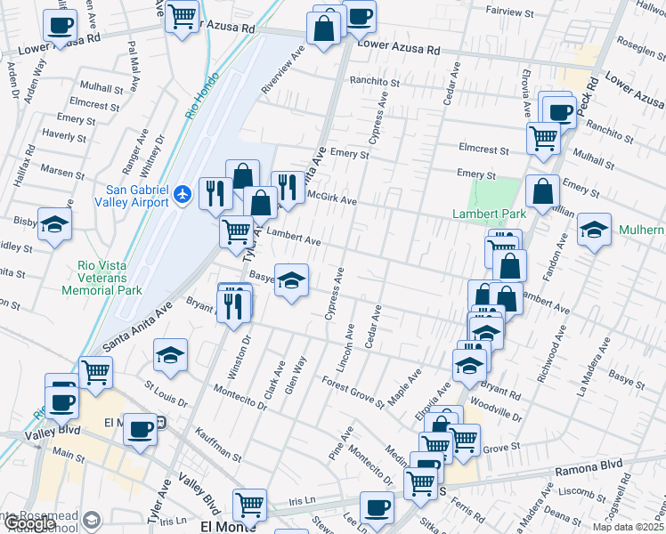 map of restaurants, bars, coffee shops, grocery stores, and more near 4233 Cypress Avenue in El Monte