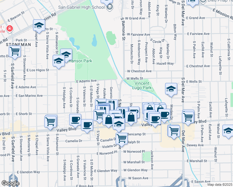 map of restaurants, bars, coffee shops, grocery stores, and more near 1041 New Avenue in Alhambra