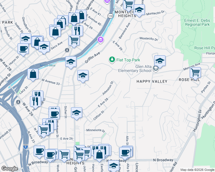 map of restaurants, bars, coffee shops, grocery stores, and more near 3209 Johnston Street in Los Angeles