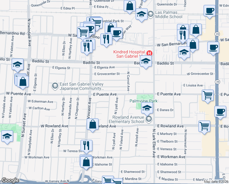 map of restaurants, bars, coffee shops, grocery stores, and more near 1141 East Puente Avenue in West Covina