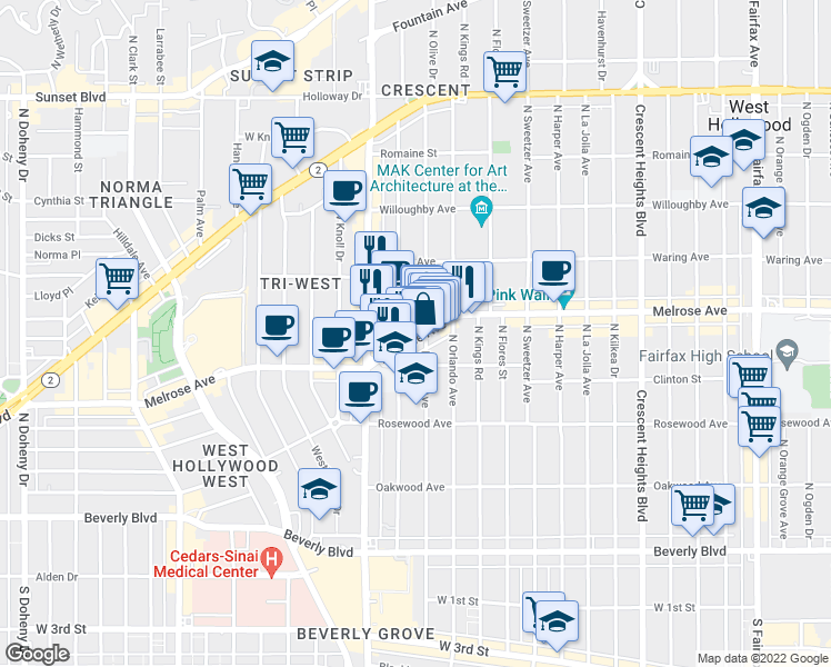 map of restaurants, bars, coffee shops, grocery stores, and more near 8428 Melrose Avenue in Los Angeles