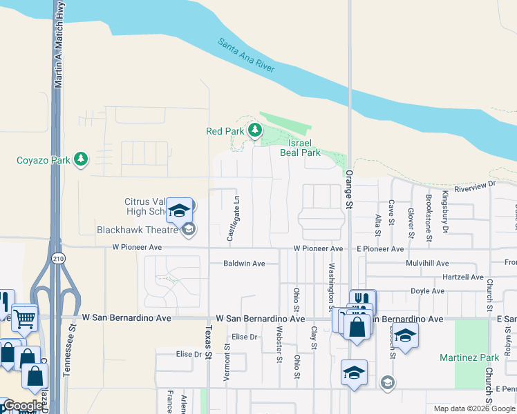 map of restaurants, bars, coffee shops, grocery stores, and more near 1920 Clementine Street in Redlands