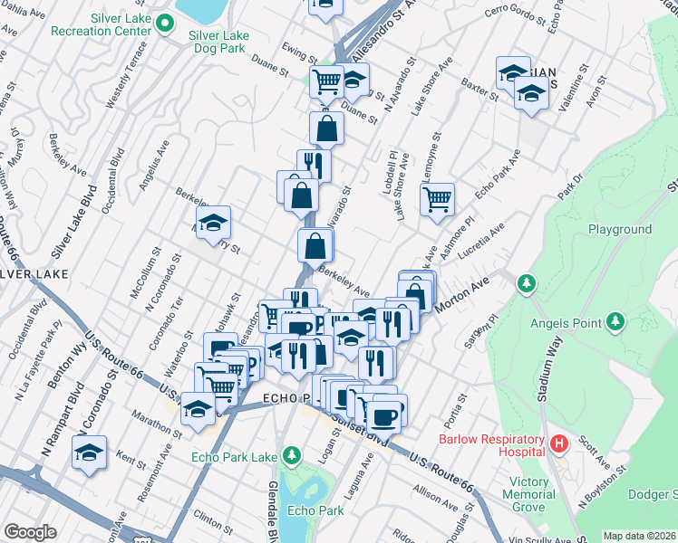 map of restaurants, bars, coffee shops, grocery stores, and more near 1925 Berkeley Avenue in Los Angeles