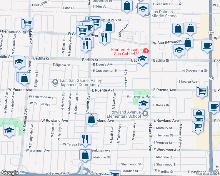 map of restaurants, bars, coffee shops, grocery stores, and more near 1141 East Puente Avenue in West Covina