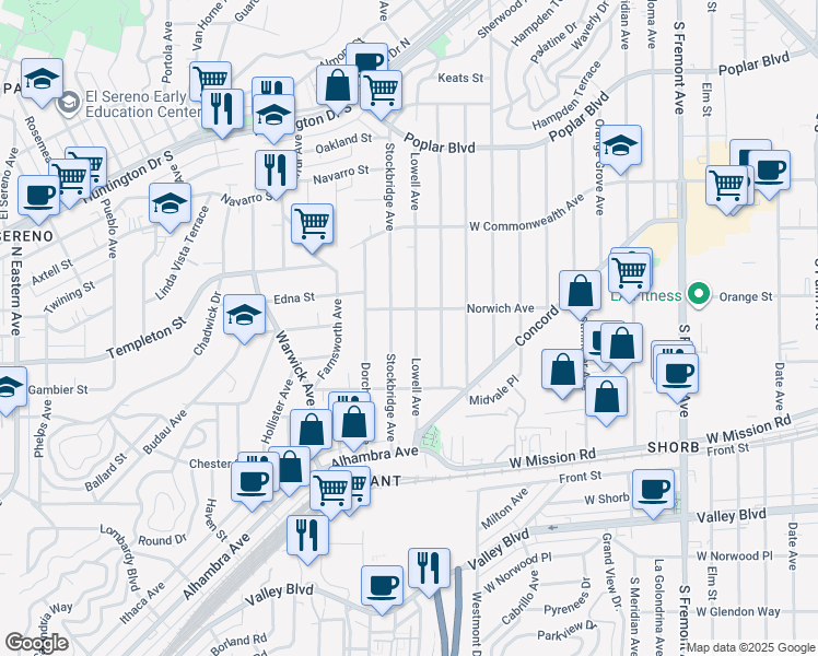 map of restaurants, bars, coffee shops, grocery stores, and more near 3223 Lowell Avenue in Los Angeles