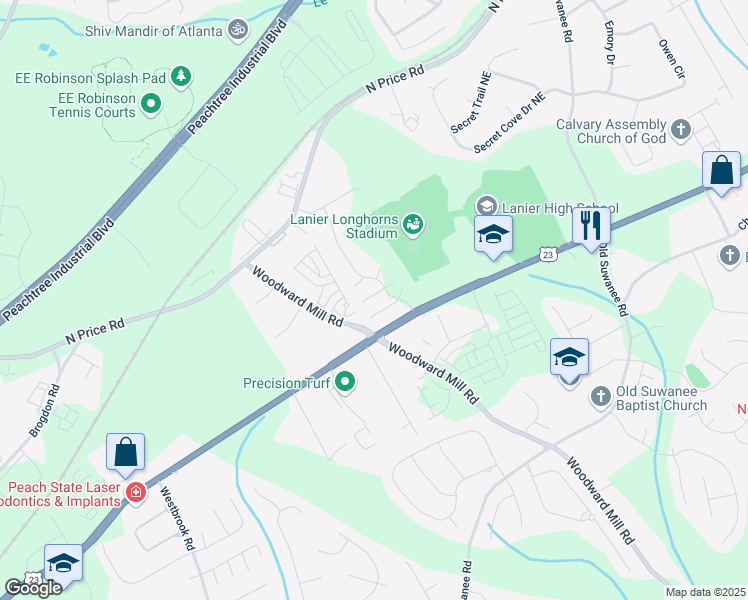 map of restaurants, bars, coffee shops, grocery stores, and more near 845 Atwood Lane in Buford