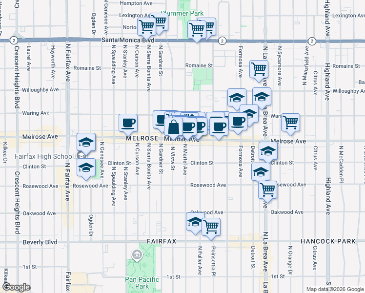 map of restaurants, bars, coffee shops, grocery stores, and more near 641 North Martel Avenue in Los Angeles