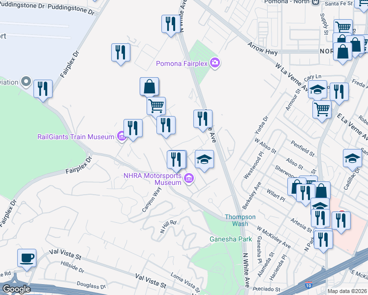 map of restaurants, bars, coffee shops, grocery stores, and more near 1101 West McKinley Avenue in Pomona