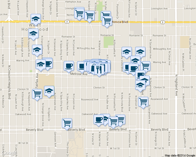 map of restaurants, bars, coffee shops, grocery stores, and more near 641 North Martel Avenue in Los Angeles