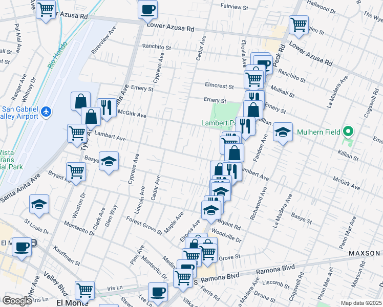 map of restaurants, bars, coffee shops, grocery stores, and more near 11363 Lambert Avenue in El Monte