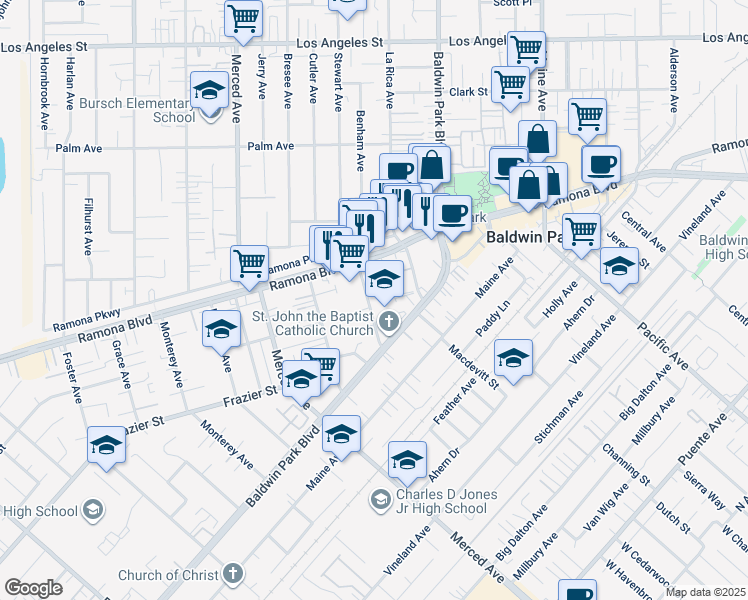 map of restaurants, bars, coffee shops, grocery stores, and more near 3883 Baldwin Park Boulevard in Baldwin Park