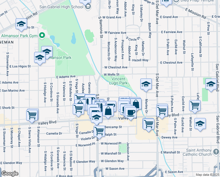 map of restaurants, bars, coffee shops, grocery stores, and more near 1320 Stevens Avenue in San Gabriel