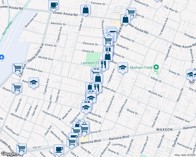 map of restaurants, bars, coffee shops, grocery stores, and more near 4333 Peck Road in El Monte