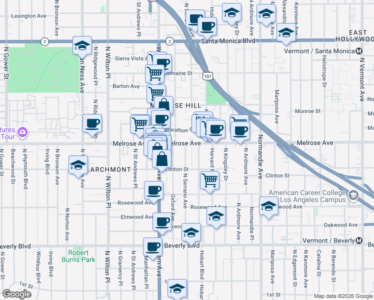 map of restaurants, bars, coffee shops, grocery stores, and more near 648 North Serrano Avenue in Los Angeles