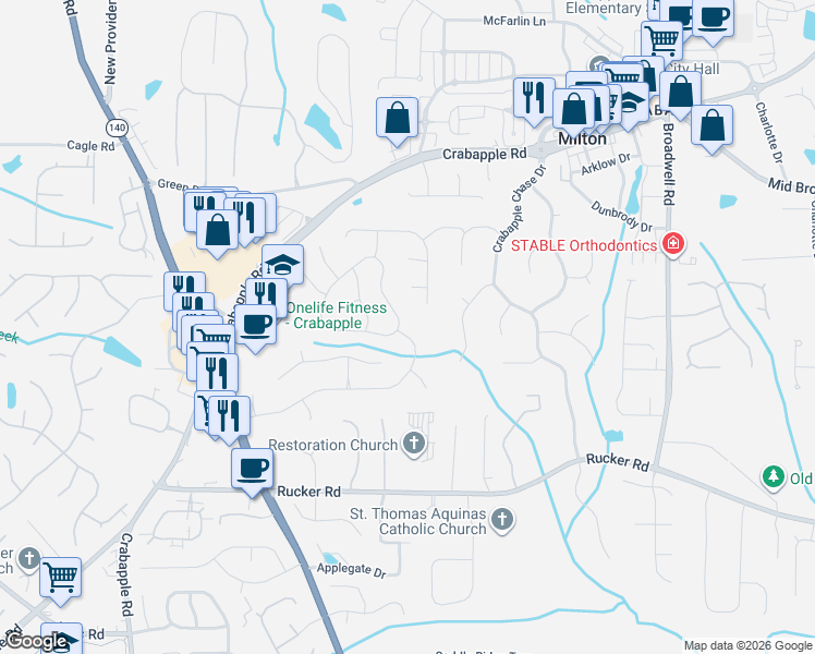 map of restaurants, bars, coffee shops, grocery stores, and more near 425 North Farm Drive in Alpharetta