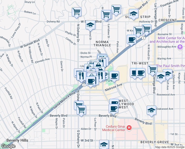 map of restaurants, bars, coffee shops, grocery stores, and more near 9001 Santa Monica Boulevard in West Hollywood