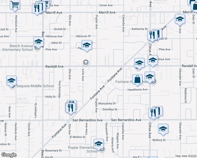 map of restaurants, bars, coffee shops, grocery stores, and more near 9392 Whitewood Court in Fontana