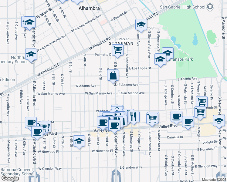 map of restaurants, bars, coffee shops, grocery stores, and more near 1041 South Garfield Avenue in Alhambra