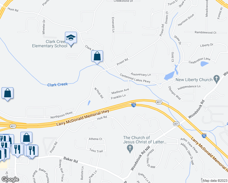 map of restaurants, bars, coffee shops, grocery stores, and more near 238 Madison Avenue in Acworth